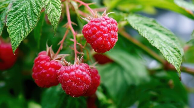ripe raspberries on bush vibrant red color green leaves background juicy texture natural light macro