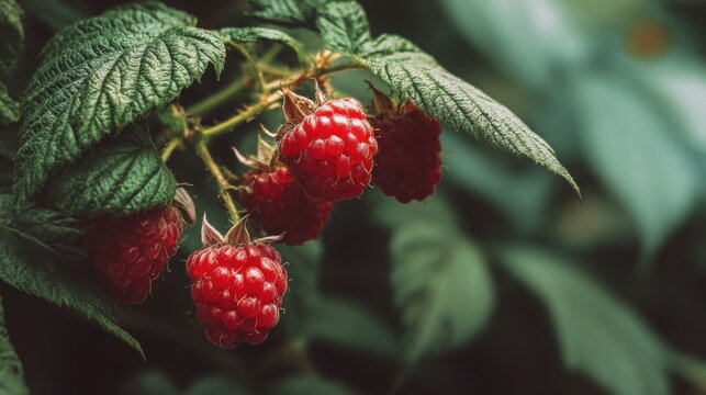 ripe raspberries on bush vibrant red color green leaves background juicy texture natural light macro