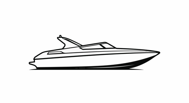 Sleek speedboat illustrated in black and white outline