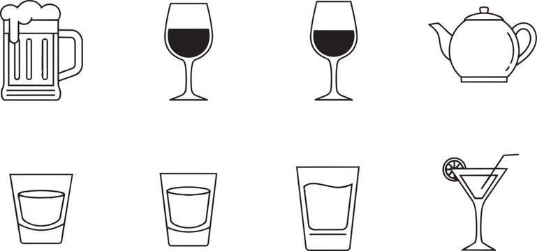 Glassware drink icons set minimal line pixel perfect vector illustration isolated