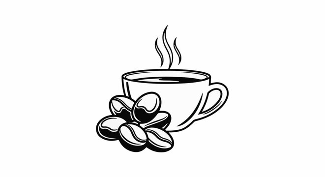 Steaming cup of coffee with scattered roasted beans