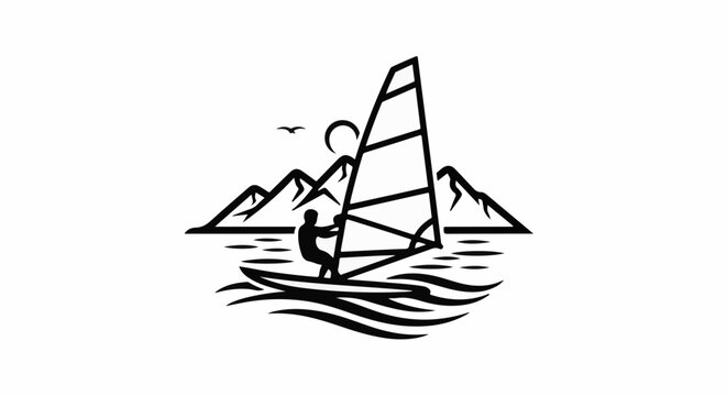 Silhouette of a windsurfer with mountains and sun in background
