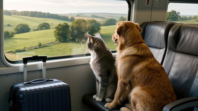 Dog and cat traveling together by train with suitcase, looking through window at countryside landscape, cute pets on journey