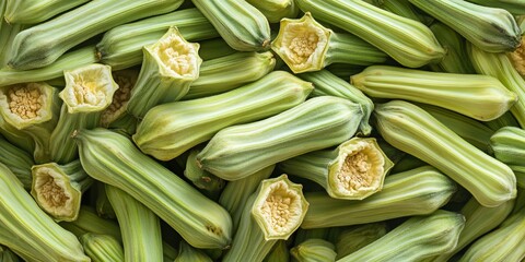 Fototapeta premium Dehydrated Okra Slices and Vegetable Chips for Healthy Snacking, Close-Up of Natural Ingredients