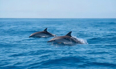 Naklejka premium 2 glistening dophins swim and jump to the surface far away from us