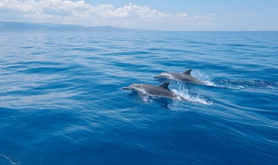 Fototapeta premium 2 glistening dophins swim and jump to the surface far away from us