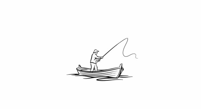 Minimalist line art depicts a person fishing from a small boat