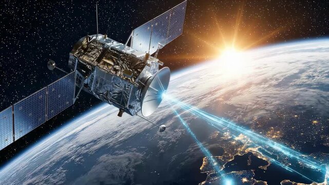 animation of a high-tech satellite orbiting Planet Earth. Glowing data signals and light beams connect the satellite to glowing city lights below. Detailed satellite textures, realistic atmosphere, ci