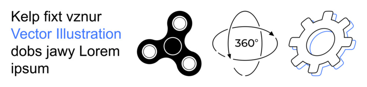 Engineering design, motion mechanics, physics concepts, 3D modeling, industrial processes, vector graphics. Includes a fidget spinner, rotation icon and cogwheel. Motion mechanics and engineering