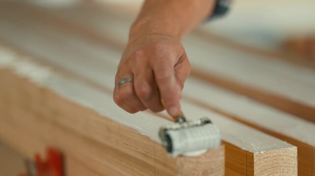 Carpenter applying white glue on wood planks