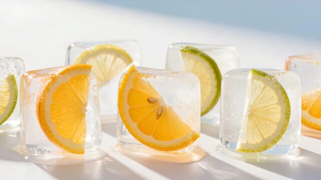 Citrus slices frozen in ice cubes with lemon and lime, refreshing summer concept with clear cubes and bright natural light