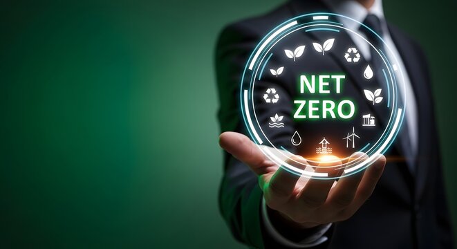 Hand holding a glowing net zero concept with digital icons