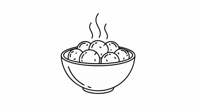 A simple line drawing of a bowl filled with round, steaming food items