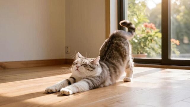 Cute cat stretching on wooden floor in sunny room, relaxed pet enjoying morning light near window with cozy home interior