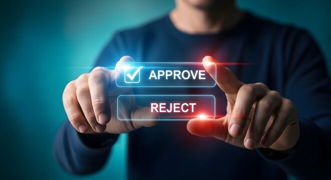 Digital approval process hand interacting with approve reject interface