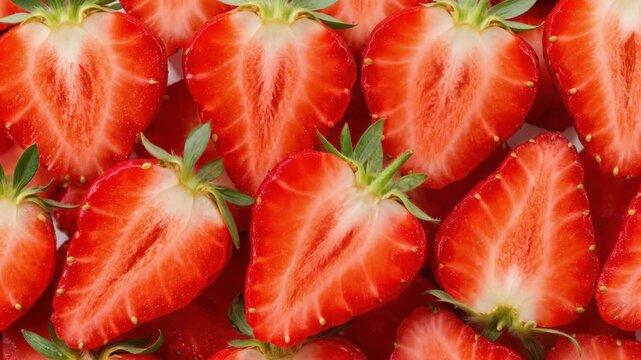 Fresh strawberry halves close-up background, juicy red berries with seeds and green leaves, vibrant healthy summer fruit texture