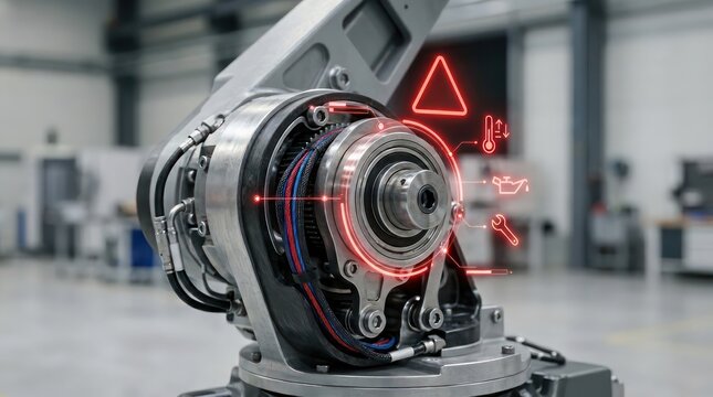 Industrial Robotic Arm With Exposed Mechanical Joint Red Holographic Warning Overlay And Predictive Maintenance Diagnostic Interface