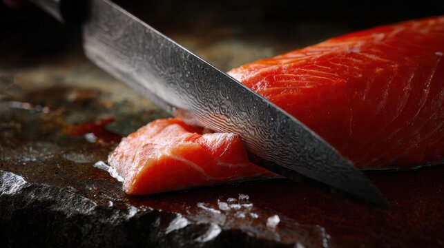 sharp knife cutting fresh salmon fillet on stone cutting board, blood red and silver textures, cinematic cold kitchen lighting, macro detail realism
