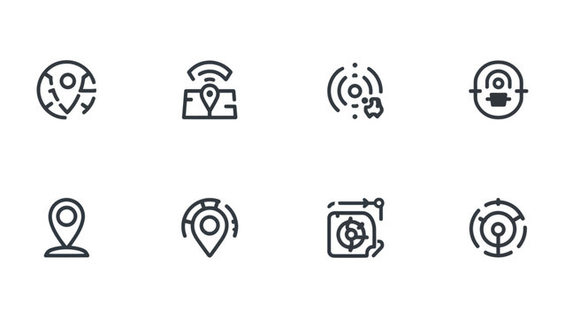 Navigation and Location Icon Set: A comprehensive collection of minimalistic navigation and location icons. Each icon represents essential mapping and tracking concepts.