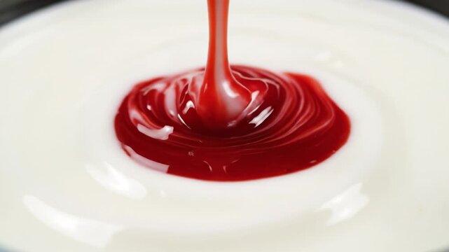 Red liquid pouring into white creamy liquid creating swirl pattern with smooth texture and glossy surface close up view showcasing contrast and culinary detail of sauce mixing liquid condiment