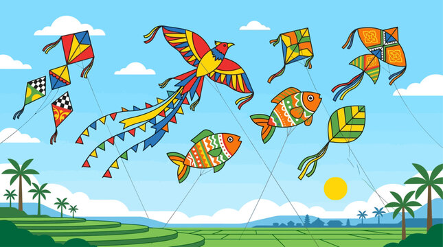 A playful flat design vector illustration showcasing a collection of colorful, stylized Balinese traditional kites in various iconic shapes. This modern artwork captures the joy and cultural significa