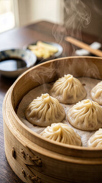 Steamed Chinese Dumplings in Bamboo Steamer