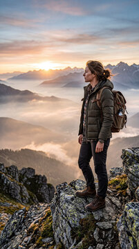 Traveler standing on mountain viewpoint at sunrise