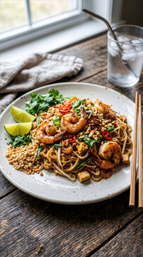 Thai Stir Fried Noodles with Shrimp and Fresh Herbs
