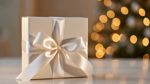 Elegant white gift box with silk ribbon bow on festive background with warm lights, Christmas present concept with luxury packaging