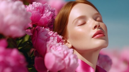 Naklejka premium A serene woman with glowing skin enjoys the fresh scent of vibrant pink peonies on a sunny spring day. Her peaceful expression captures the essence of blooming nature's beauty