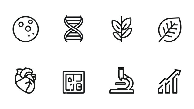 Essential Icons of Knowledge: A collection of meticulously crafted line icons representing core concepts of science, encompassing a celestial body, genetic code, botanical elements.