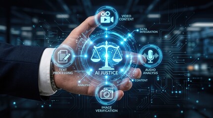 Fototapeta premium Hand holding AI Justice system with digital icons for legal technology.