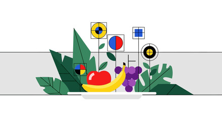 Obraz premium Modern Flat Illustration of Fresh Fruit Plate with Abstract Geometric Elements