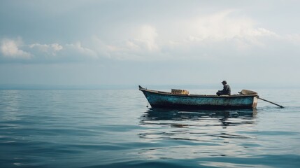 Obraz premium small boat fisherman using traditional fishing methods, calm sea, cold natural light, documentary cinematic style
