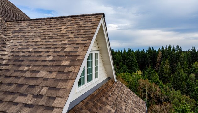 Aframe roof with forest view.