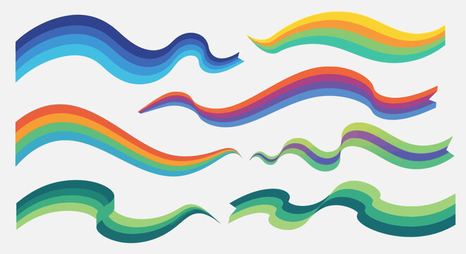 Set of Abstract Colorful Wavy Ribbons and Flowing Vector Shapes