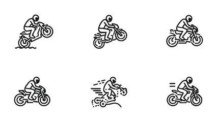 Motorcycle Icons: Collection of line art icons depicting motorcyclists, riding through various terrains and performing stunts, in a monochrome aesthetic. © Mohammad