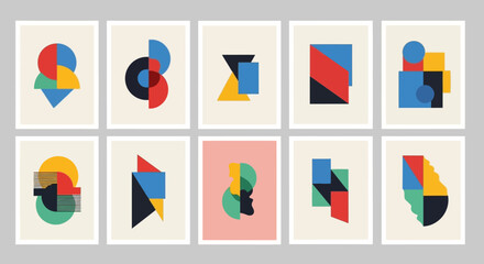 Fototapeta premium Set of Abstract Geometric Posters with Bauhaus Inspired Minimalist Shapes