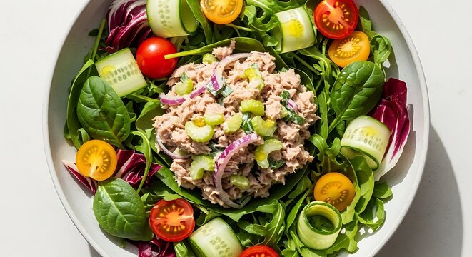 Fresh tuna salad with cherry tomatoes cucumber and mixed green leaves in a bowl. thunfisch salat 
