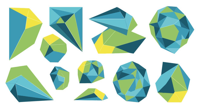 Set of Abstract Geometric Low Poly Shapes in Blue and Green Tones
