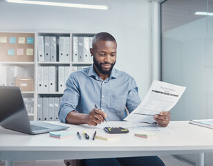 Fototapeta premium A researcher reviews laboratory equipment maintenance fees on a printed report under bright white office LED lights.