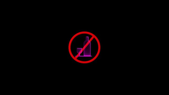 Red prohibition circle with a purple glowing silhouette of a bottle and glass on a black background no alcohol