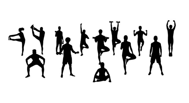 Silhouettes of people doing yoga poses isolated on transparent background, Vector