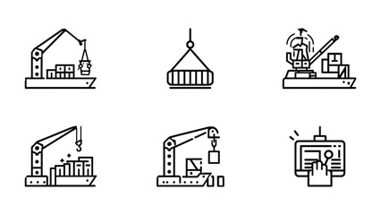 Fototapeta premium Cargo Cranes and Operations: A collection of precise line art illustrations detailing the intricate work of cargo cranes in action, from loading to management.
