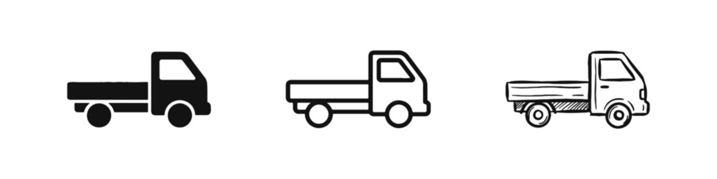 Small delivery truck flatbed pickup icon set. Logistics, transport and vehicle symbols.