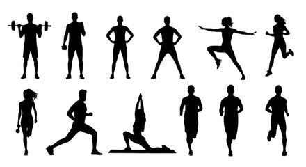 Fototapeta premium Silhouette people doing various fitness exercises isolated on transparent background, Vector