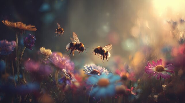 Busy Bees Gathering Pollen Amidst Sun-Drenched Wildflowers in a Vibrant Meadow