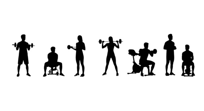 Silhouettes of people doing various weightlifting exercises isolated on transparent background, Vector