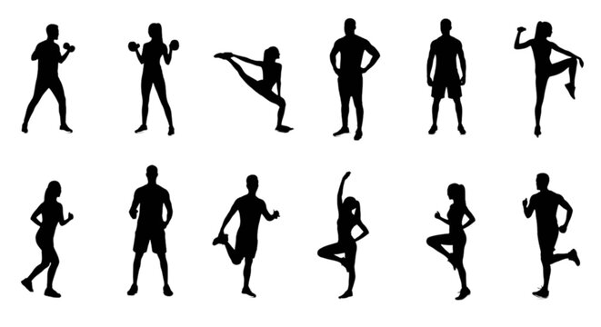 Silhouette people dancing and exercising poses isolated on transparent background, Vector