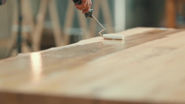 Carpenter applying transparent varnish to wood plank